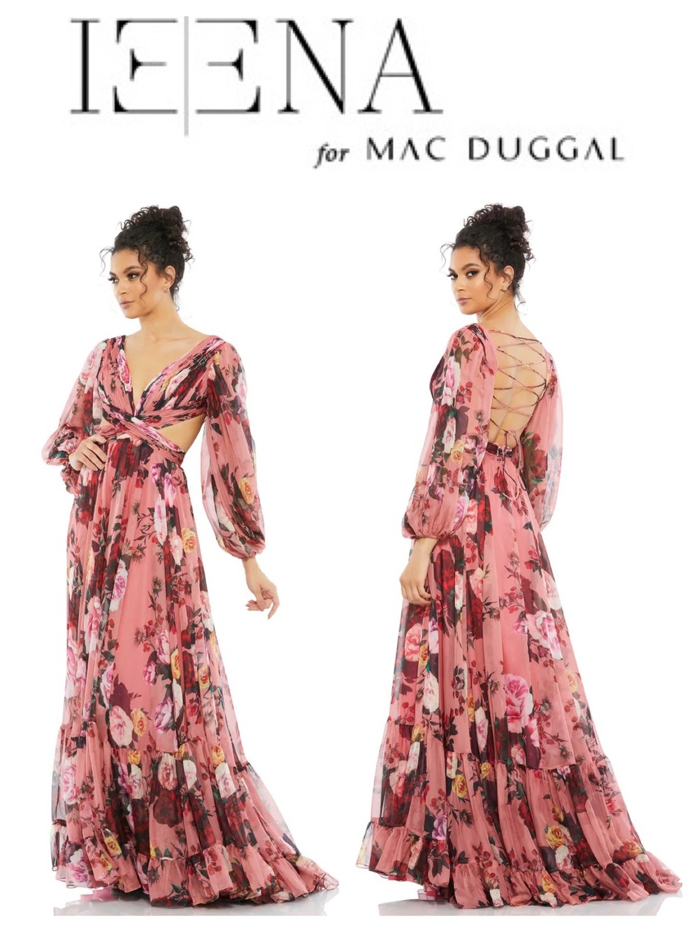 IEENA for Mac Duggal Floral Cutout Open Back Blouson Sleeve Dress